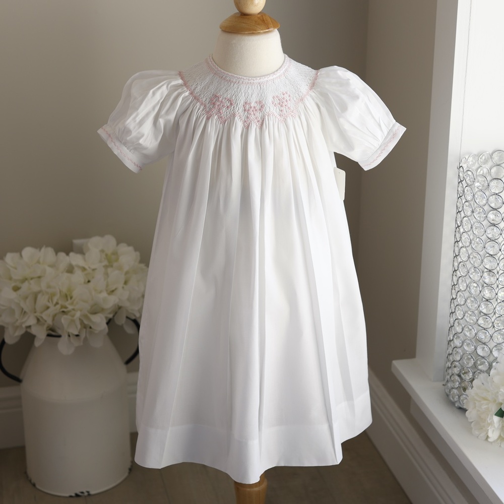 Feltman Brothers White Bishop Dress Smocked Embroidery Pink Bows RARE NWT